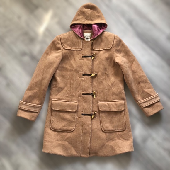 Vintage LL Bean Tan Wool Hooded Toggle Insulated Coat Size Small - Picture 3 of 12